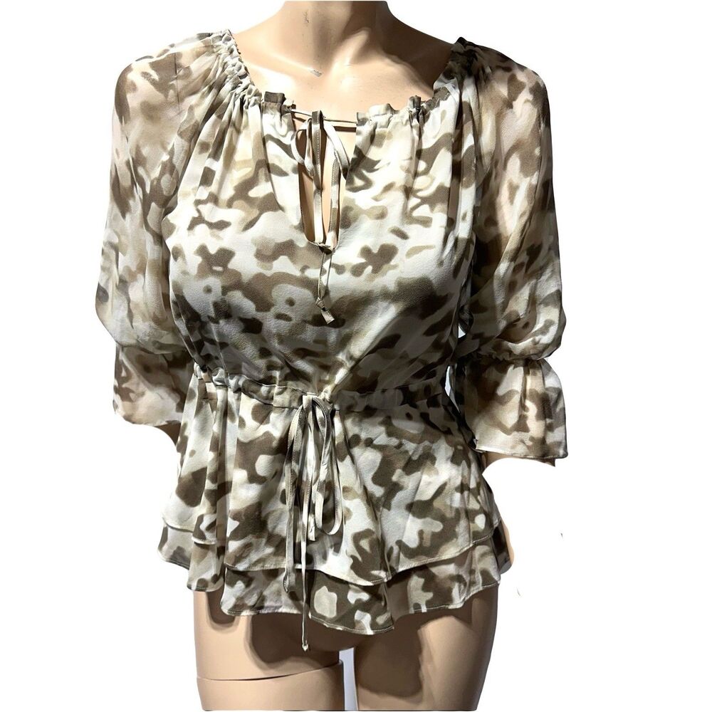 Alice + Olivia Beige and Cream Floral Tie-Waist Peasant Blouse
